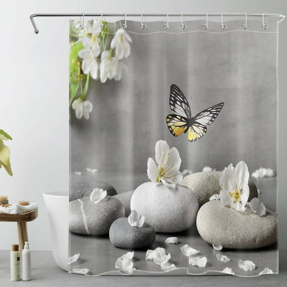 HVEST Zen Stone Shower Curtain Zen Stone with White Flower Yellow and Black Butterfly Shower Curtain for Bathroom Oriental Spa Bathroom Shower Curtain with Hooks, 60 x 72 Inch