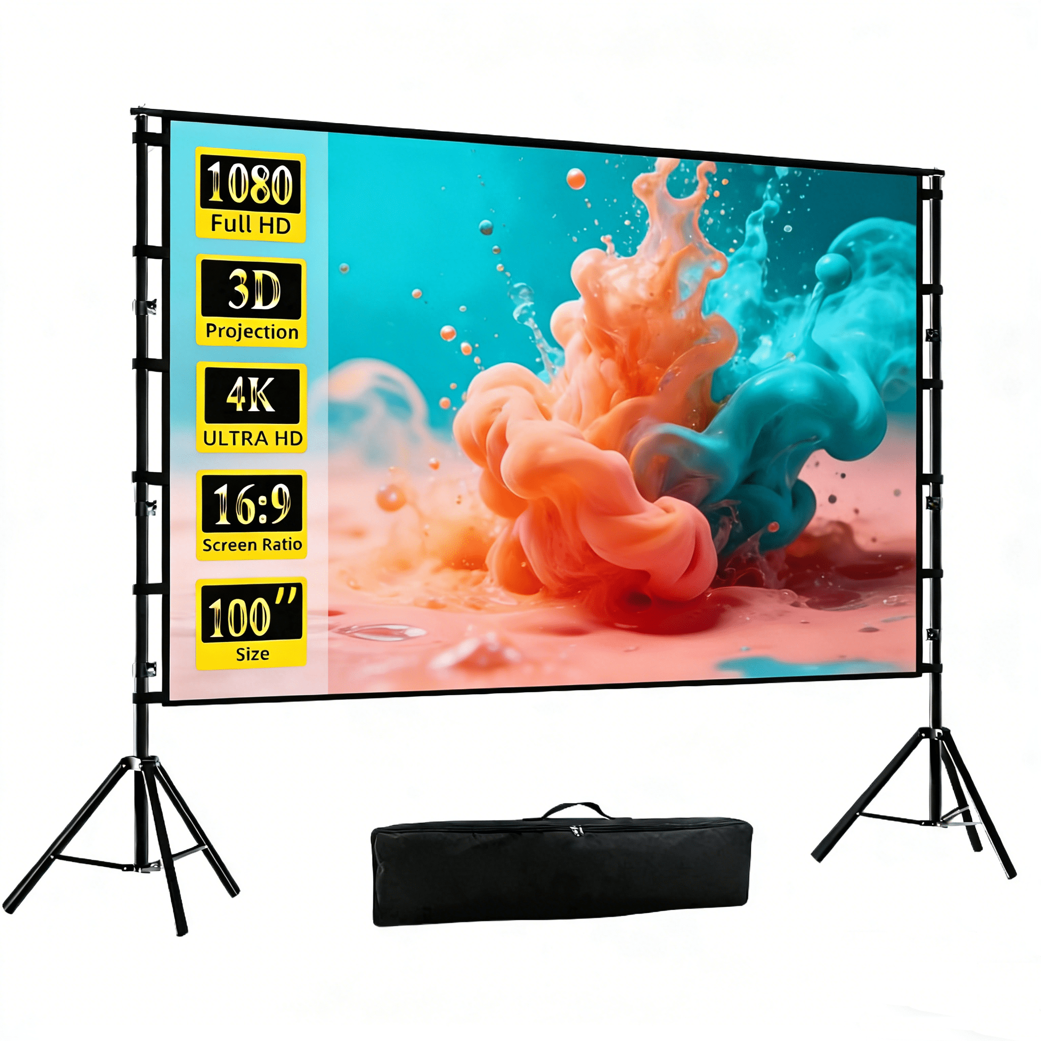 HVKDIEB 100 inch Projector Screen with Stand,16:9 4K 3D Indoor Outdoor ...