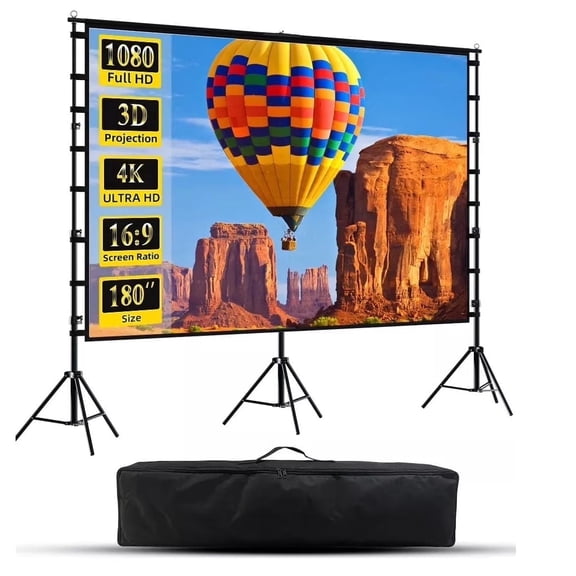 HVKDIEB 180 Inch Outdoor Large Projector Screen with Stand, Adjustable 3 Tripod Stand, Projection Wrinkle-Free Movie Screen with Transport Bag for Backyard Movie Night