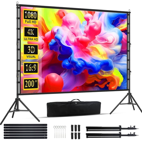 HVKDIEB 200 inch Projector Screen with Stand,16:9 4K HD,Wrinkle Resistant,Indoor Outdoor Home Theater Movie Screens