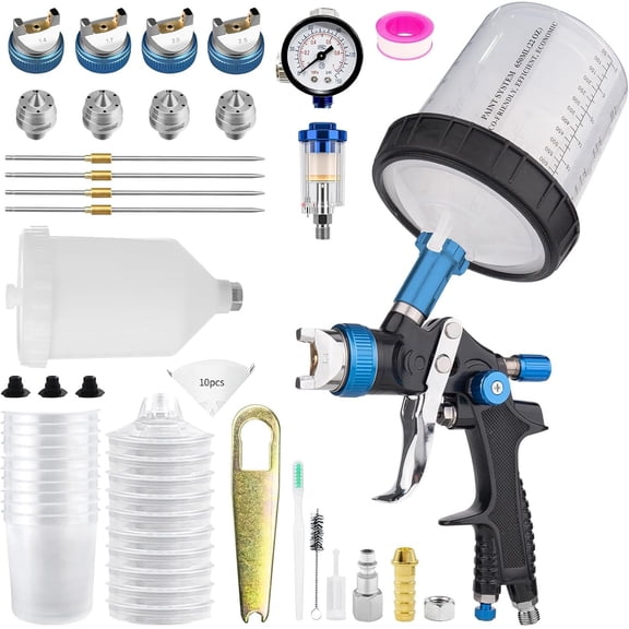 HVLP with 1.4/1.7/2.0/2.5mm Nozzles Set, 2 Set Cup Automotive with 10x 650ml Disposable Cups, for Painting , Furniture, Primer and Top Coat (Blue)
