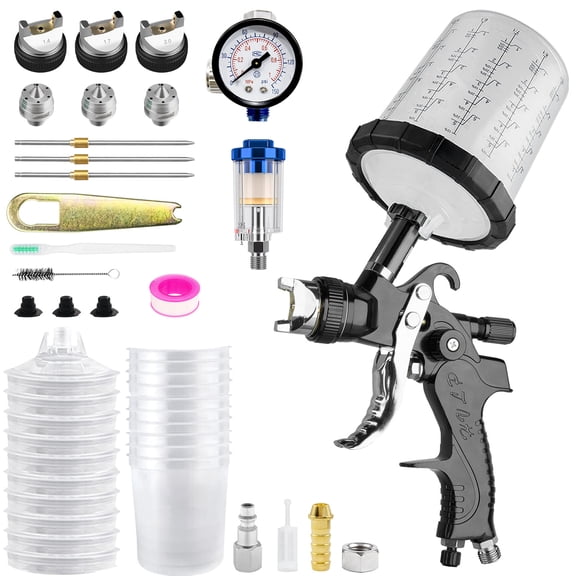 HVLP Air Spray Gun Kit with 10 Disposable 650ml Paint Cups, Pressure Gauge, Oil Water Separator, 1.4mm/1.7mm/2.0mm Nozzle Set, Gravity Feed Paint Sprayer