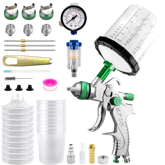 HVLP Air Spray Gun Kit with 10 Disposable 650ml Paint Cups, 1.4/1.7/2.0mm Nozzles, Air Regulator & Oil Water Separator, Gravity Feed Paint Sprayer