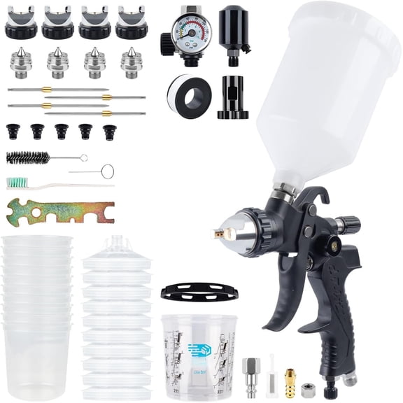 HVLP Kit - 4 Nozzles (1.4/1.7/2.0/2.5mm), Auto for , Furniture & DIY, 10 Disposable Cups & 600ml Mixing Cup with Ratio, Oil-Water Filter & Air Regulator