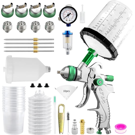 HVLP Spray Gun with 10Pcs 650ML Disposable Paint Cups, Automotive Spray Gun with 1.4/1.7/2.0/2.5mm Nozzles, Gravity Feed Air Paint Gun for Car,House Painting (Green)