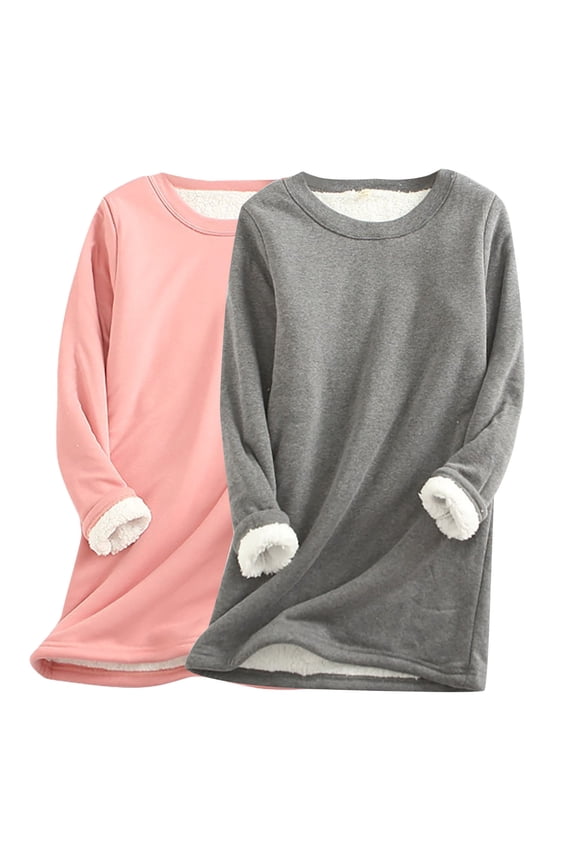 2 Pack Women's Thermal Shirts, Solid Crewneck Thick Wool Sweatshirt, Womens Thermal Underwear Tops, Compression Long Sleeve Base Layer Tops for Winter Cold Weather, Plus Size S-5XL