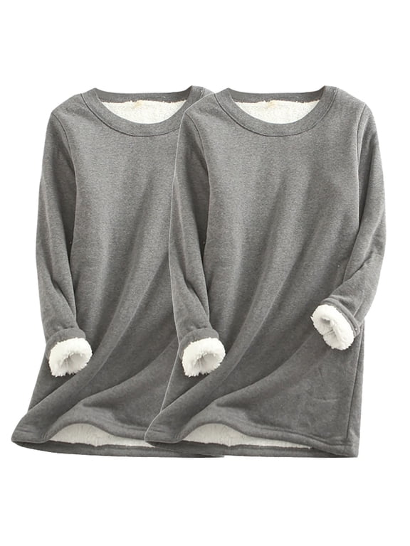 2 Pack Women's Thermal Shirts, Solid Crewneck Thick Wool Sweatshirt, Womens Thermal Underwear Tops, Compression Long Sleeve Base Layer Tops for Winter Cold Weather, Plus Size S-5XL