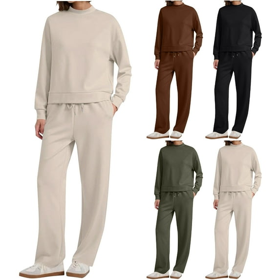 HVOBTTY 2 Piece Sweatsuits for Women, Women's Fall Outfits Set, Women's Casual Athletic Pullover Long Sleeve Sweatshirt and Wide Leg Long Sweatpants 2 Piece Set Beige, L