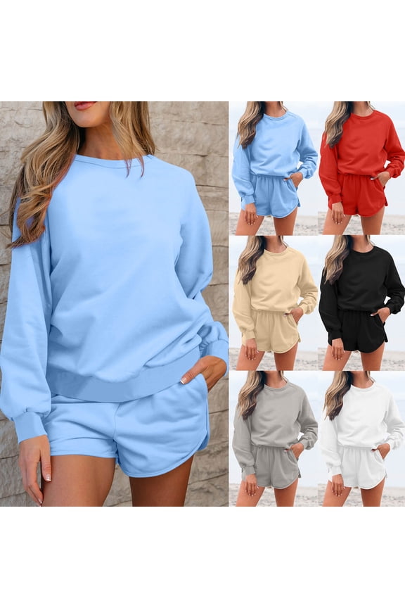 2 Piece Sweatsuits for Women, Women's Fall Outfits Set, Women's Casual Solid Color Split Elastic Waist Shorts and Long Sleeve Crew Neck Sweatshirt 2 PC Set Black, M