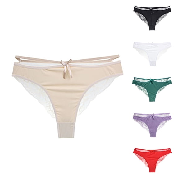 HVOBTTY Breathable Panties for Women, Womens Underwear, Women's Style Desire High Slit Satin Lace Underwear Feels Breathable and Lightweight Bow Knot Hollow Low Waist Pants Beige, L