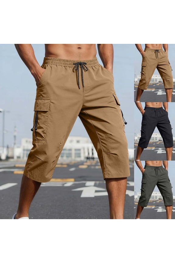 Fall Men's Straight-Leg 7/8th Cargo Pants Solid Elastic Waist with Pockets for Basketball and Gym Active Training