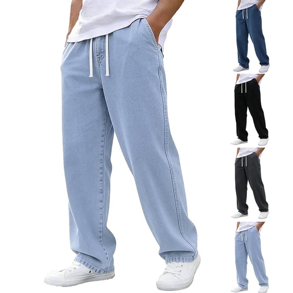 HVOBTTY Fall Men's Straight-Leg Long Denim Pants Washed Drawstring Elastic Waist Pockets for Outdoor Daily Dressing