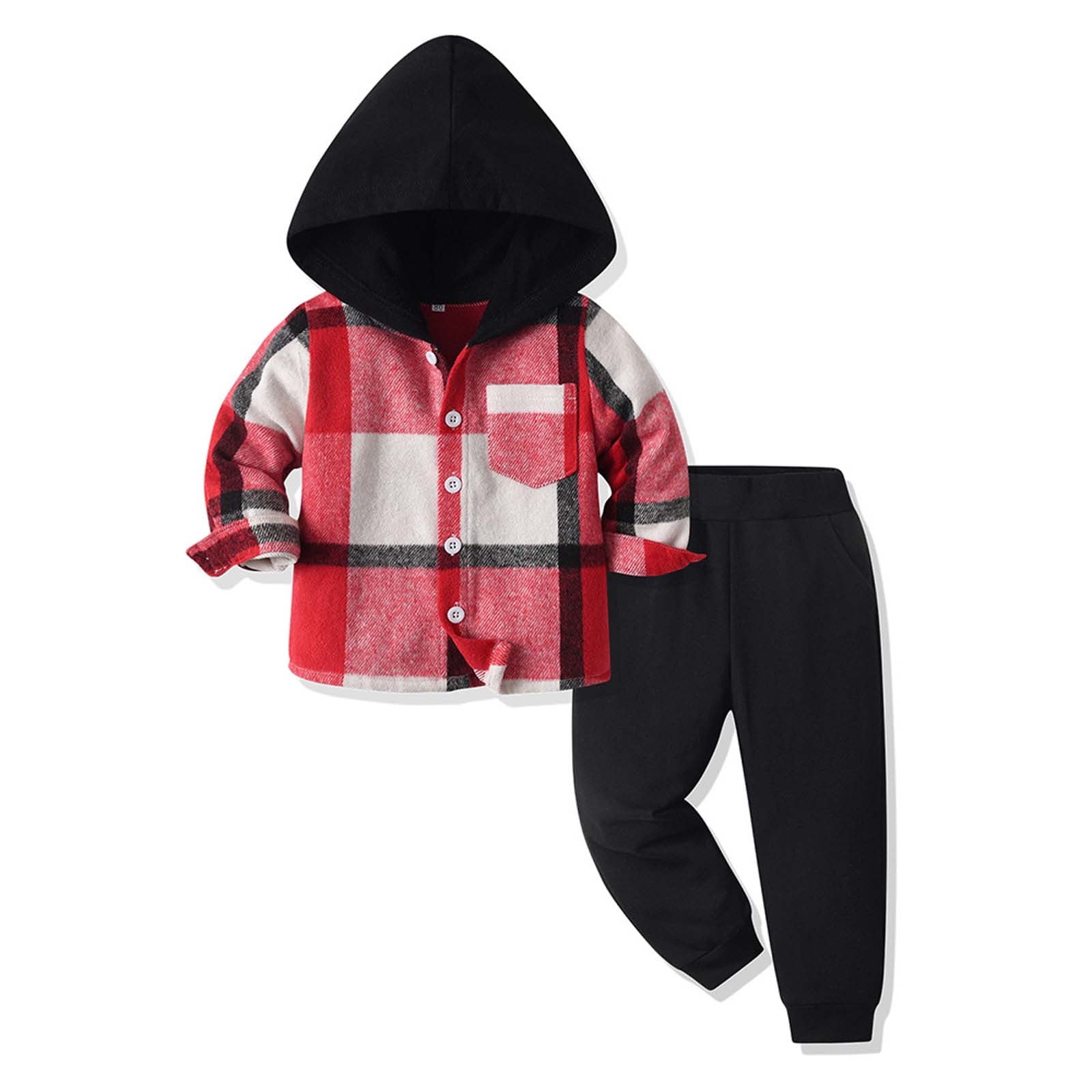 HVOBTTY Fall Toddler Girls Boys 2 Piece Suits Long Sleeved Plaid Hooded ...