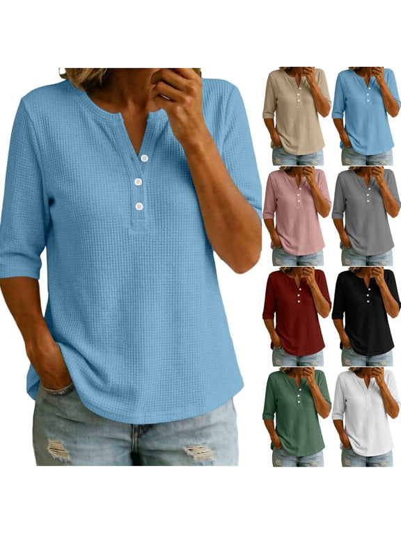 Fall Women's Elbow-Length Sleeve V-Neck Pullover T-Shirt Solid Color Knit Loose Relaxed Cut Casual Tops