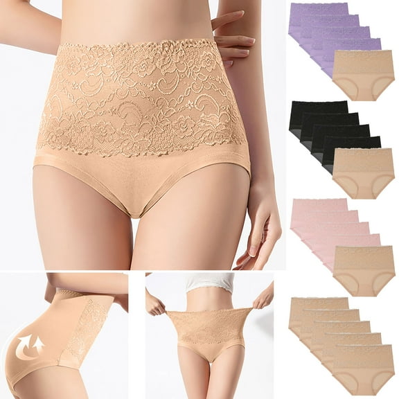 HVOBTTY High Waisted Soft Underwear for Women, Underwear Women Pack Plus Size, 5PC Women Lace High Waisted Body Shaper Shorts Shapewear Panties BlackC, M