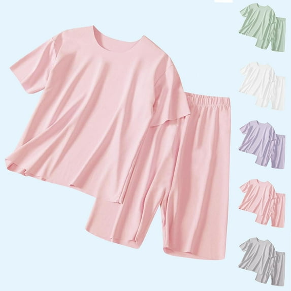 HVOBTTY Kid's Comfy Daily Pajama Set, Toddler Summer Outfit Sets, Kids Casual Soft Solid Color Round Neck Short Sleeve Top and Elastic Waist Pants 2 Piece Home Pajama Sets Purple, 14-15 Years