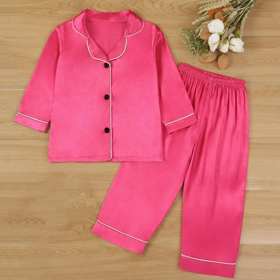 HVOBTTY Kid's Comfy Daily Pajama Set, Toddler Summer Outfit Sets, Kids Casual Soft Solid Color Silk Like Long Sleeve and Long Pants Home Pajama Outfits Sets Hot Pink, 5-6 Years