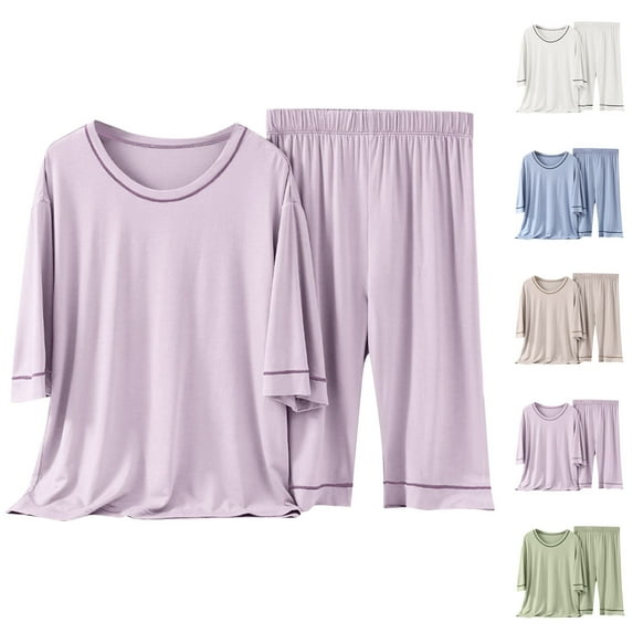 HVOBTTY Kid's Soft Daily Outdoor Sets, Toddler Summer Outfit Sets, Kids Casual Solid Color Lightweight Round Neck 3/4 Sleeve Top and Long Pants 2 Piece Sports Outfits Sets Purple, 12-13 Years