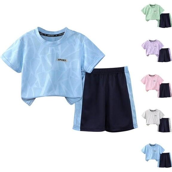 HVOBTTY Kid's Soft Daily Outdoor Sets, Toddler Summer Outfit Sets, Kids Casual Solid Color Round Neck Short Sleeve Top and Elastic Waist Shorts Running Sports 2 Piece Outfits Sets Blue, 1-2 Years