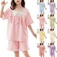 thumbnail image 1 of HVOBTTY Kid's Soft Daily Pajama Set, Toddler Summer Outfit Sets, Girls Casual Solid Color Lightweight Square Neck Short Sleeve Top and Shorts 2 Piece Home Wear Outfits Sets Pink, 10-11 Years, 1 of 5