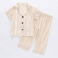 thumbnail image 1 of HVOBTTY Kid's Soft Daily Pajama Set, Toddler Summer Outfit Sets, Kids Casual Printed Stripe Silk Like Short Sleeve and Long Pants Breathable Home Pajama Outfits Sets Beige, 2-3 Years, 1 of 4