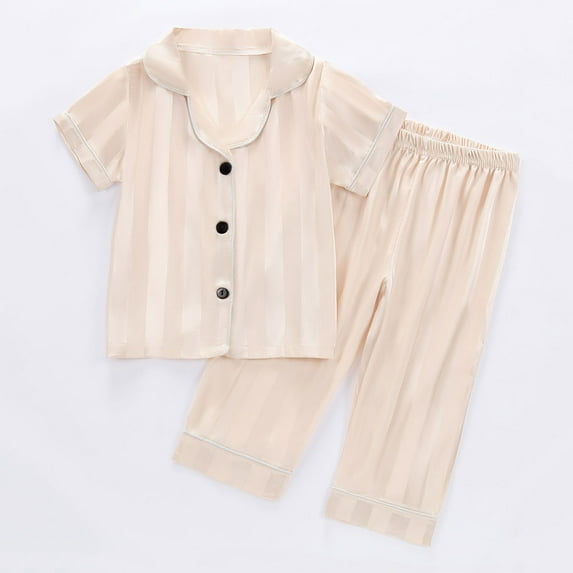 HVOBTTY Kid's Soft Daily Pajama Set, Toddler Summer Outfit Sets, Kids Casual Printed Stripe Silk Like Short Sleeve and Long Pants Breathable Home Pajama Outfits Sets Beige, 2-3 Years