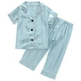 thumbnail image 1 of HVOBTTY Kid's Soft Daily Pajama Set, Toddler Summer Outfit Sets, Kids Comfortable Printed Stripe Silk Like Short Sleeve and Long Pants Home Pajama Outfits Sets Light Blue, 12-24 Months, 1 of 3