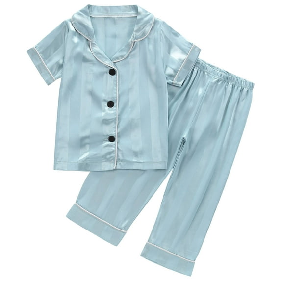 HVOBTTY Kid's Soft Daily Pajama Set, Toddler Summer Outfit Sets, Kids Comfortable Printed Stripe Silk Like Short Sleeve and Long Pants Home Pajama Outfits Sets Light Blue, 12-24 Months