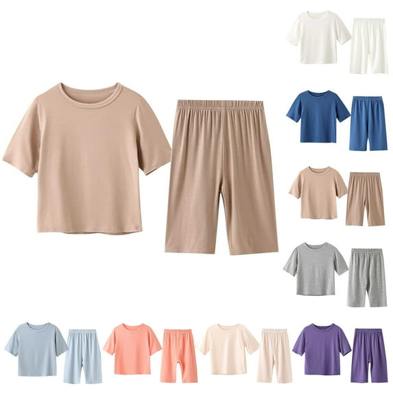 HVOBTTY Kid's Soft Daily Pajama Set, Toddler Summer Outfit Sets, Kids Fashion Casual Solid Color 3/4 Sleeve Top and Pants Lightweight Home Wear 2 Piece Outfits Sets Beige, 2-3 Years