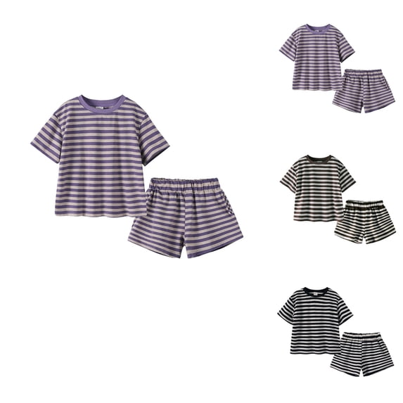 HVOBTTY Kid's Soft Sport Outdoor Sets, Toddler Summer Outfit Sets, Boys Fashion Striped Print Round Neck Short Sleeve Top and Short Pants 2 Piece Outfits Sets Brown, 12-24 Months