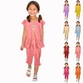 thumbnail image 1 of HVOBTTY Kid's Soft Sport Outdoor Sets, Toddler Summer Outfit Sets, Girls Casual Print Round Neck Short Sleeve Top and Elastic 7/8th Pants 2 Piece Daily Wear Outfits Sets Light Blue, 1-2 Years, 1 of 5