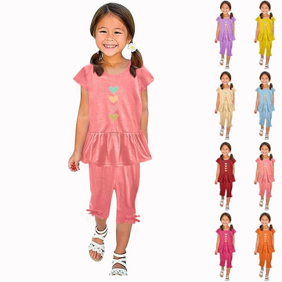 HVOBTTY Kid's Soft Sport Outdoor Sets, Toddler Summer Outfit Sets, Girls Casual Print Round Neck Short Sleeve Top and Elastic 7/8th Pants 2 Piece Daily Wear Outfits Sets Yellow, 7-8 Years