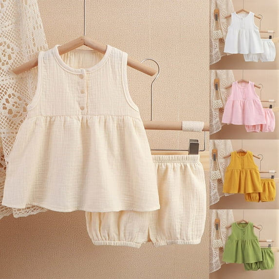 HVOBTTY Kid's Soft Sport Outdoor Sets, Toddler Summer Outfit Sets, Girls Casual Solid Color Round Neck Sleeveless Dress Top and Elastic Waist Shorts 2 Piece Daily Outfits Sets White, 3-4 Years
