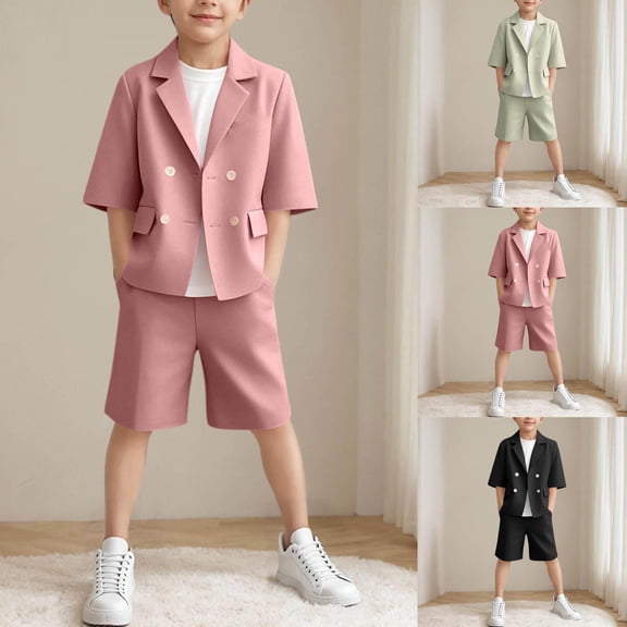 HVOBTTY Kid's Soft Sport Outdoor Sets, Toddler Summer Outfit Sets, Kids Casual Solid Color Collared Short Sleeve Button Front Blazer and Elastic Waist Shorts Formal Outfits Sets Green, 6-7 Years