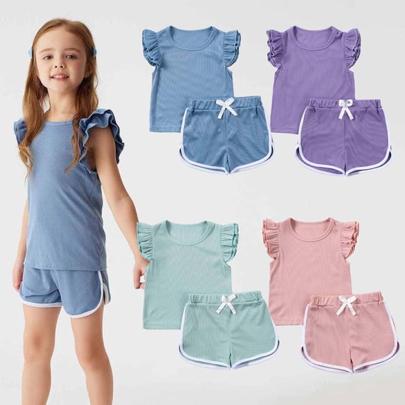 HVOBTTY Kid's Soft Sport Outdoor Sets, Toddler Summer Outfit Sets, Kids Casual Solid Color Ribbed Round Neck Short Sleeve Top and Shorts 2 Piece Outfits Sets Pink, 4-5 Years