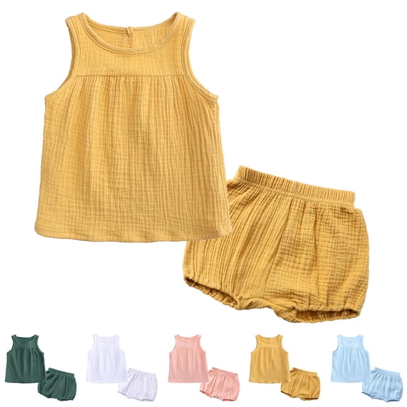 HVOBTTY Kid's Soft Sport Outdoor Sets, Toddler Summer Outfit Sets, Kids Fashion Casual Solid Color Sleeveless Top and Short Pants 2 Piece Outfits Sets Yellow, 3-4 Years