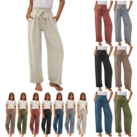 HVOBTTY Kids Soft Stretch Straight Leg Pants, Girls Fall and Winter Pants, Pants Casual Smocked High Waist Pant Loose Wide Leg Long Trousers 4-14 Years Blue, 6-7 Years