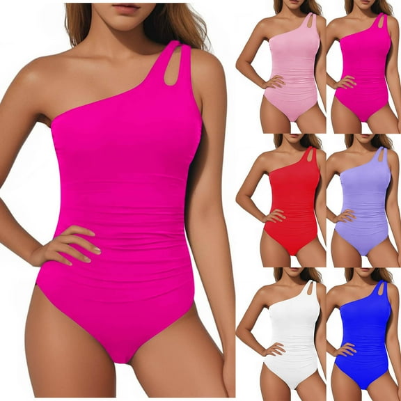 HVOBTTY Ladies Beachwear Swimwear, Summer Bathing Suits for Women, Women's Comfortable Solid Color One Shoulder Stretch Lightweight Beach Vacation Swimsuit Hot Pink, S