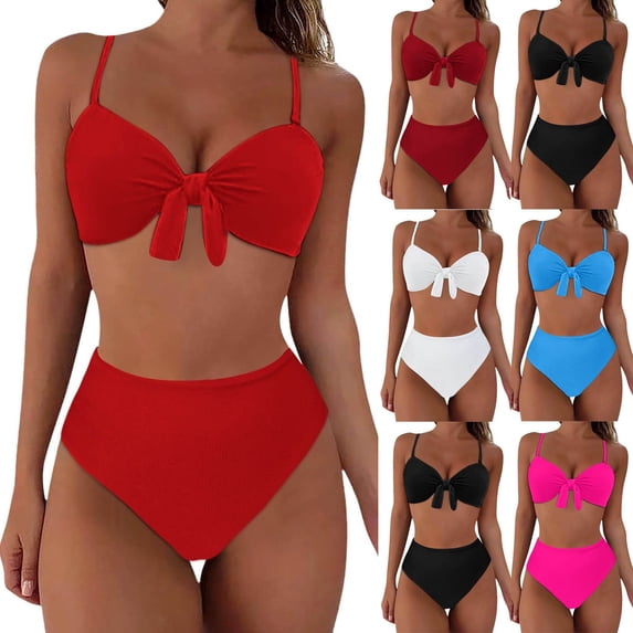 HVOBTTY Ladies Casual Bathing Suits, Summer Bathing Suits for Women, Women's Comfortable Solid Color Beach Vacation 2 Piece Bikini Swimsuit Set with Padded Red, L