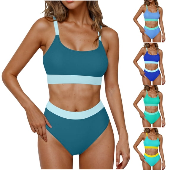 HVOBTTY Ladies Casual Bathing Suits, Summer Bathing Suits for Women, Women's Comfortable Solid Color High Waisted Beach Vacation Modest Stretch Lightweight 2 Piece Swimsuit Set Yellow, S
