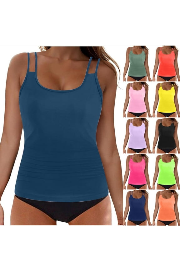 Ladies Casual Bathing Suits, Summer Bathing Suits for Women, Women's Comfy Fashion Solid Color Crew Neck Stretch Beach Vacation Padded Support 2 Piece Bikini Swimsuit Set Watermelon Red, S