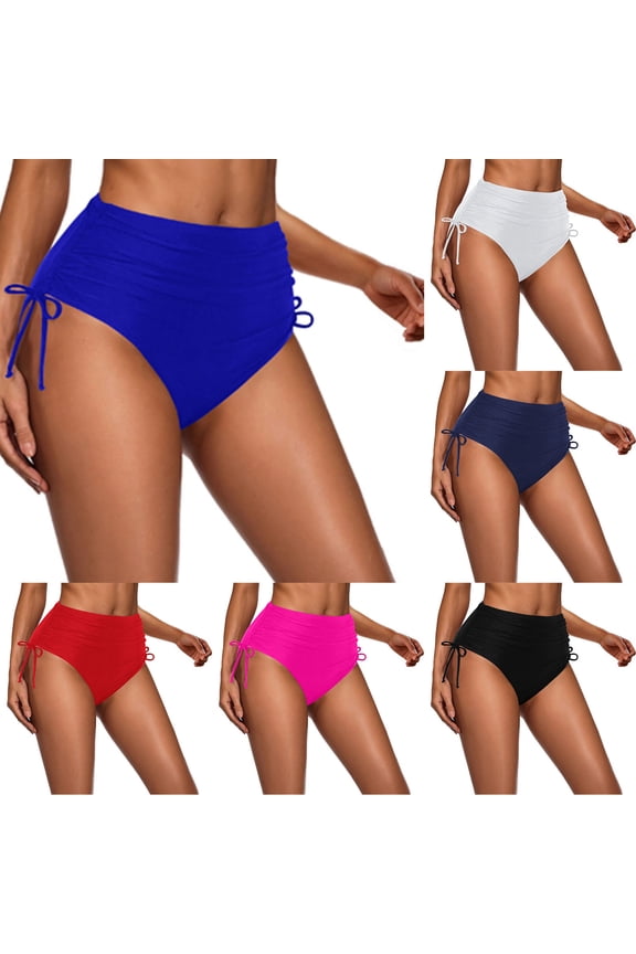 Ladies Casual Swimsuit, Summer Bathing Suits for Women, Women's Soft Solid Color High Waisted Drawstring Ruffle Beach Vacation Bikini Bathing Suit Bottoms with Elastic Waist Red, S