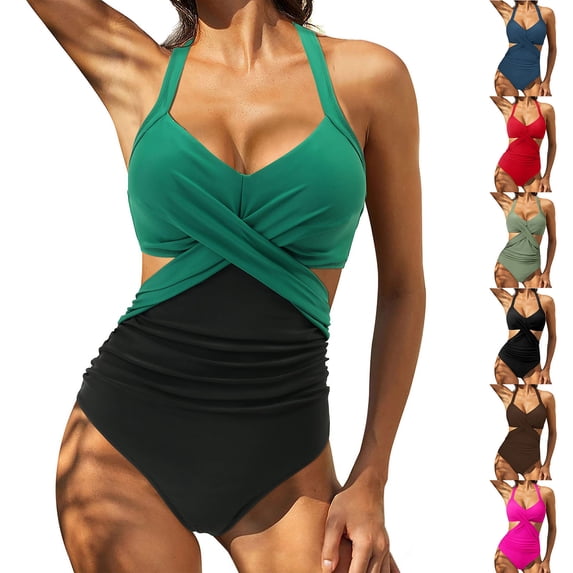 HVOBTTY Ladies Fashion Bathing Suits, Summer Bathing Suits for Women, Women's Casual Soft Solid Color Breathable Slim Stretch Beach Vacation Bikini Swimsuit Blue, L