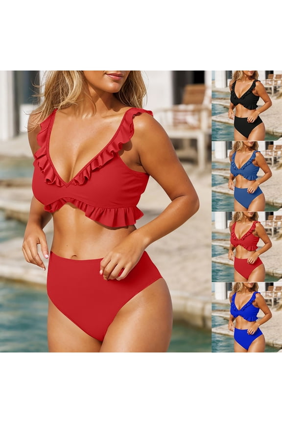 Ladies Fashion Swimsuit, Summer Bathing Suits for Women, Women's Casual Solid Color High Waisted Modest Slim and Push Up Beach Vacation Bathing Suits Black, S