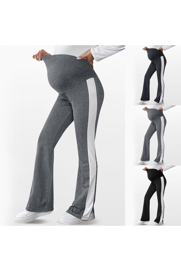 Maternity Classic Leggings, Summer Maternity Pants, Womens Casual Print Split Hem High Waisted Over The Belly Pregnancy Slim Leg Flare Pants Dark Gray, XL