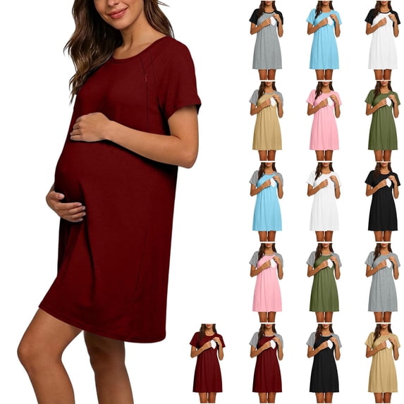 HVOBTTY Maternity's Dress Crew Neck Short Sleeve Nursing Solid Color Breathable Casual Daily Wear