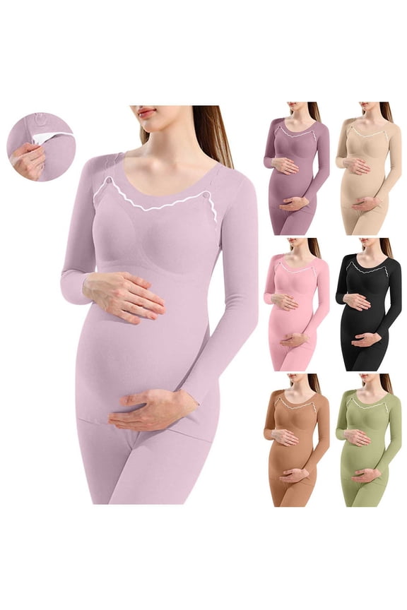 Maternity's Long Sleeve T-Shirt Solid Dralon Crew Neck Removable Built In Bra Base Layering Warm Soft Period Top