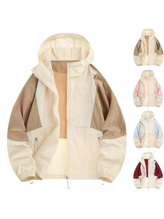 Men's Fall Winter Color Block Ice Silk Sun Protection Hooded Jacket Outdoor Casual Outerwear