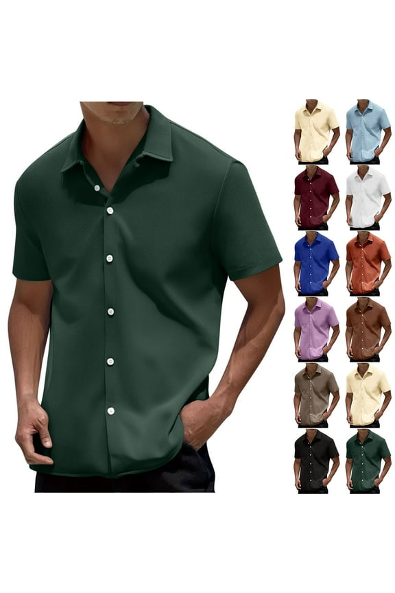 Men's Summer Shirts Casual Soft Solid Color Short Sleeve Lapel Collar Button Down Open Front Business Versatile Top Black, L