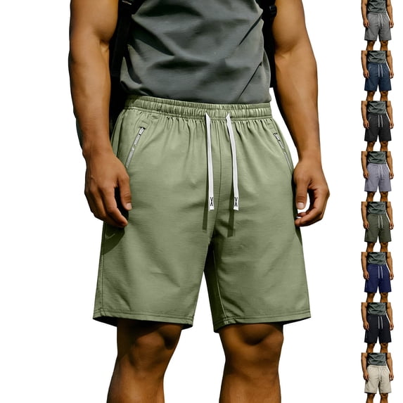 HVOBTTY Men's Summer Straight Leg Bermuda Shorts Solid Color Casual Sport Elastic Waist Zipper Pocket